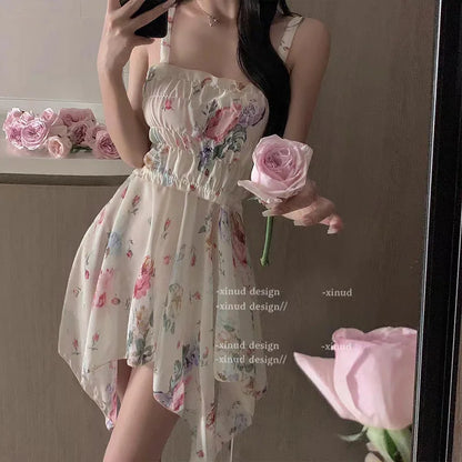 Hotsweet Style Flower Dress Chiffon Strap Temptation Sexy Elastic Waist Irregular Temperament Sweet Girl Perspective Dresses FJ8