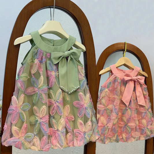 Summer Dress Girl Dresses 2025 Children Clothes Sleeveless Halter Mesh Sequins Bow Princess Dress Toddler Colorful Flower Dress