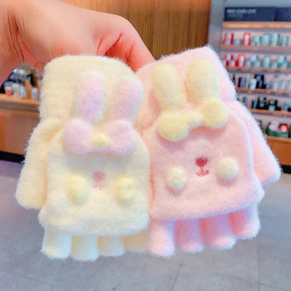 Winter Plush Knitted Cartoon Rabbit Flexible Flip-top Gloves Thicken Warm Cute Gloves For Baby Girls Half Finger Children Gloves