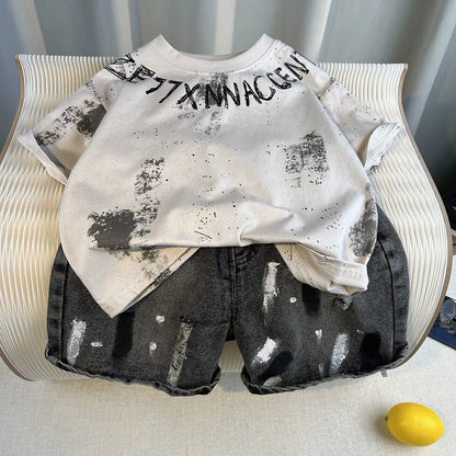 New Boys Sleeveless Vest Denim Shorts 2PC Sets Outdoor Festival Clothing Vintage Print Kids Miracle Design 2-10 Years White Tops
