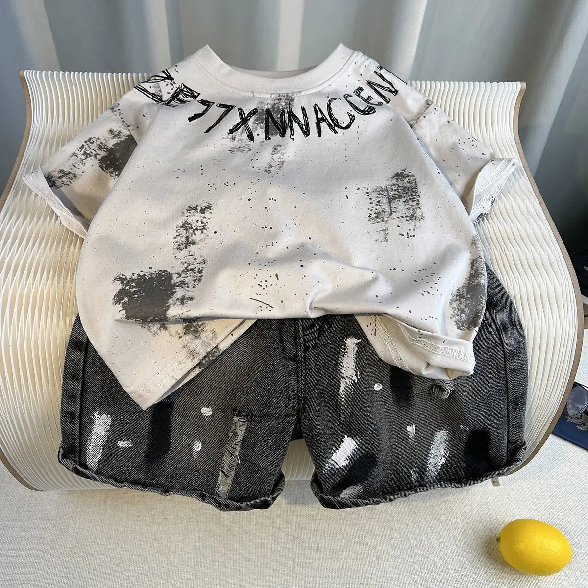 New Boys Sleeveless Vest Denim Shorts 2PC Sets Outdoor Festival Clothing Vintage Print Kids Miracle Design 2-10 Years White Tops (Available)