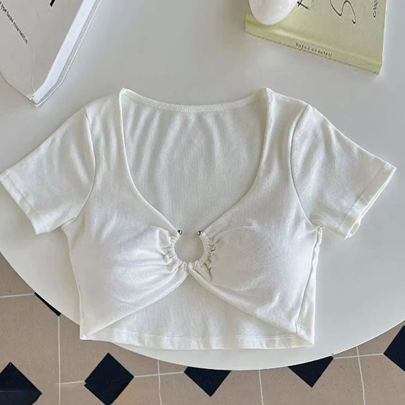 Xingqing Summer Crop Tops y2k Women Sexy Clothes Solid Color Metal Ring Short Sleeve Padded T Shirts 2000s Clothing Streetwear