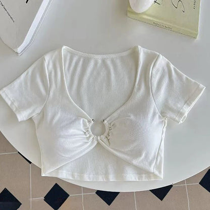 Xingqing y2k Crop Tops Women Summer Clothes Sexy Solid Color Metal Ring Short Sleeve Padded T Shirts 2000s Clothing Streetwear