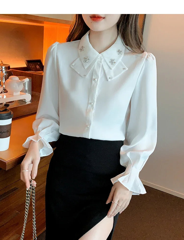 Elegant Long Sleeve Chiffon Shirts Women Autumn Winter Fashion White Blusa Feminina Korean Style Office Ladies Tops Blouses