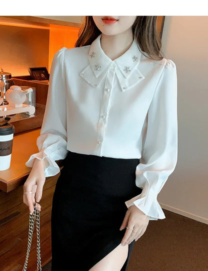Elegant Long Sleeve Chiffon Shirts Women Autumn Winter Fashion White Blusa Feminina Korean Style Office Ladies Tops Blouses