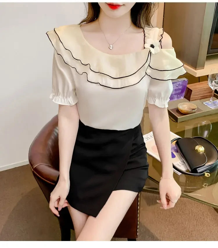 Sweet Slash Neck Off Shoulder Ruffles Blouses Female Clothing 2025 Summer New Loose Solid Color Korean Tops Puff Sleeve Shirts