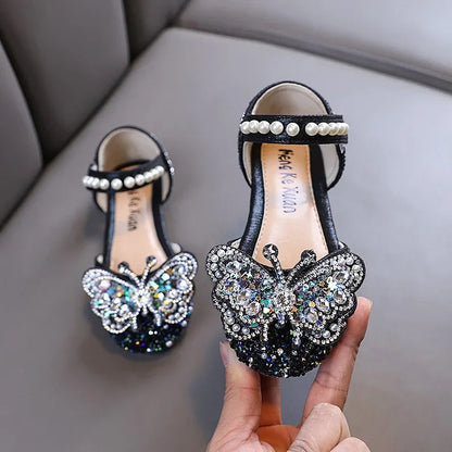 Kids Sandals for Girls Rhinestone Butterfly Elegant Versatile Children's Summer Sandals Soft Bottom Princess Fashion Flat Shoes