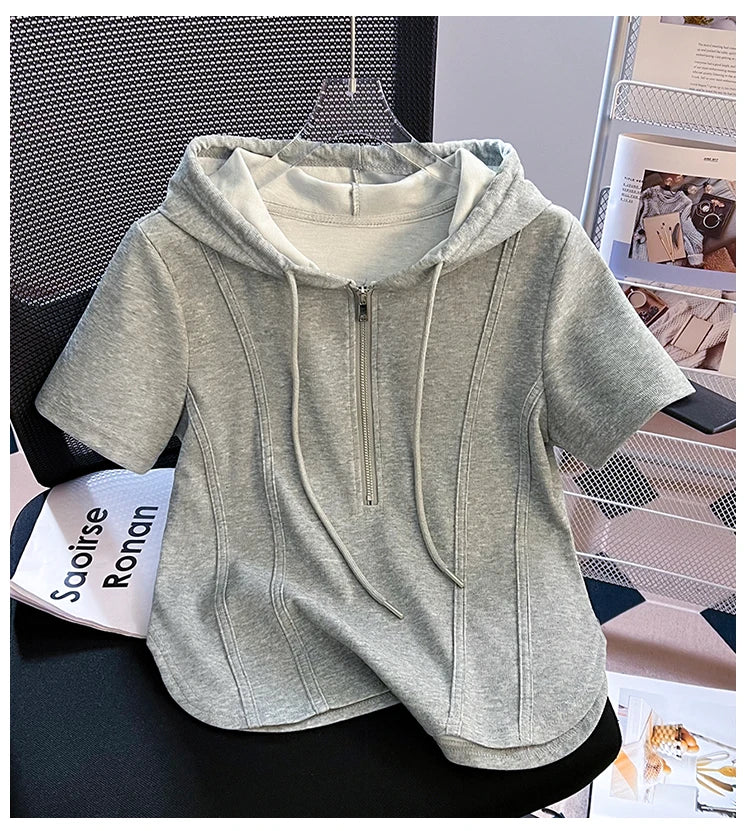 Summer New Women's Zipper Hoodie ort Sve T-irt Pure Cotton Slim Fit ort Fibone Top Korean Sle Commute Faion