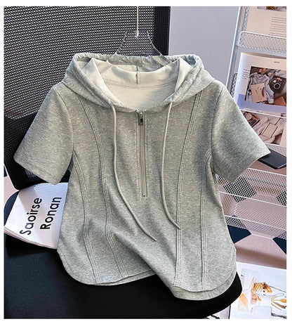 Summer New Women's Zipper Hoodie ort Sve T-irt Pure Cotton Slim Fit ort Fibone Top Korean Sle Commute Faion