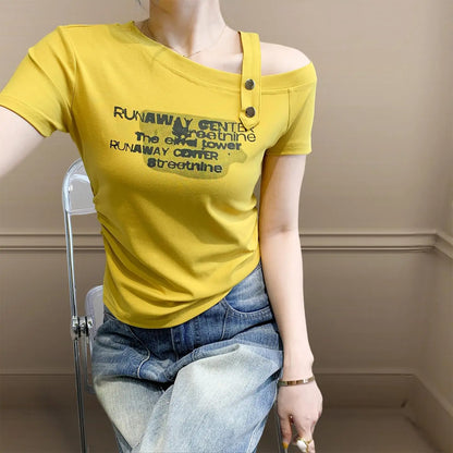 Sexy oulder Bared T irt Women's ort Sve Asymmetrical Collar Faionable Slimming Top Korean Sle Cotton Blend Summe...