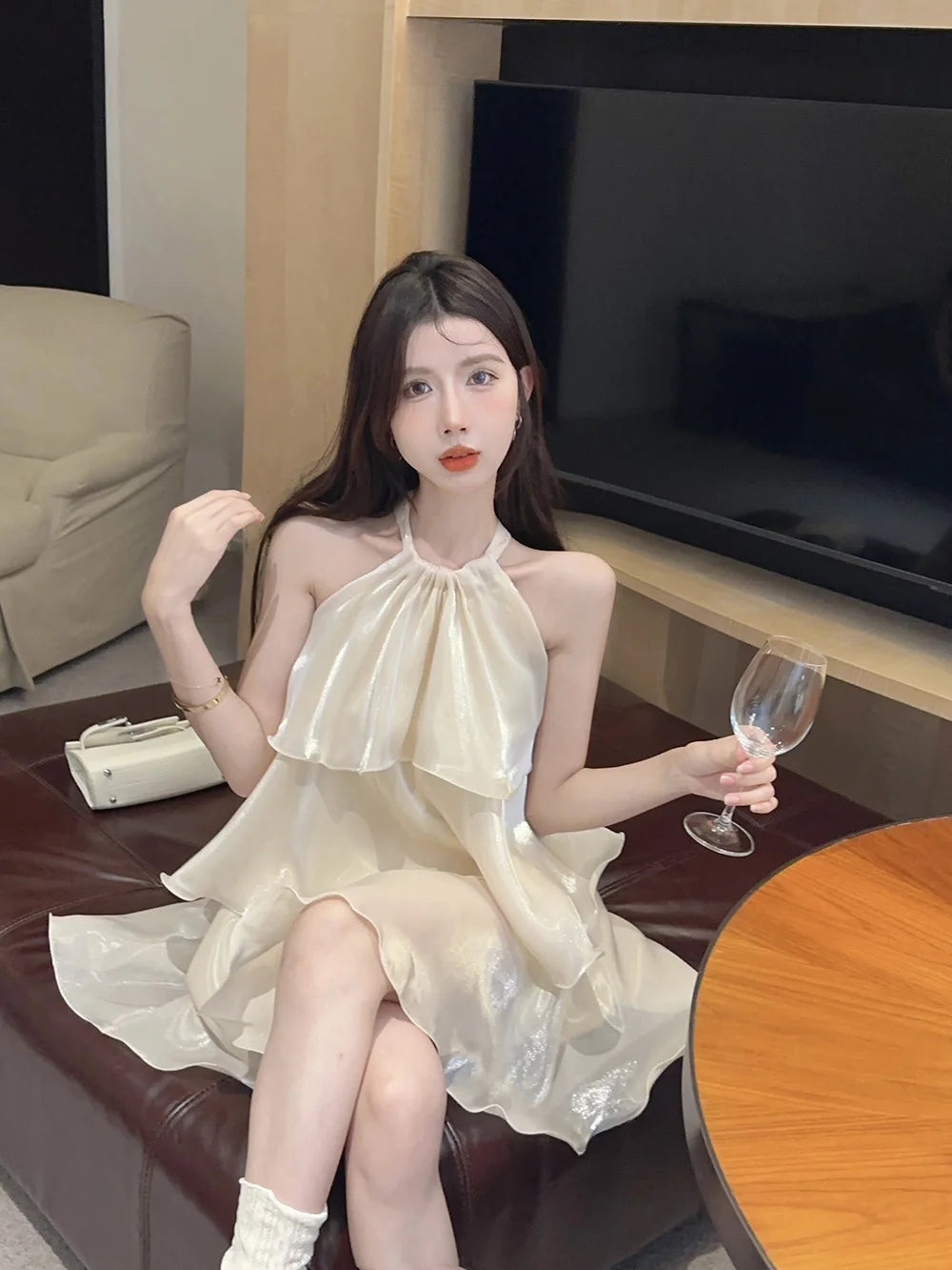 Woman Dress Elegant Sweet Sleeveless Ruffles Mesh Loose Summer New Cake Mini Dresses Solid Sexy Female Casual Fairy 2026