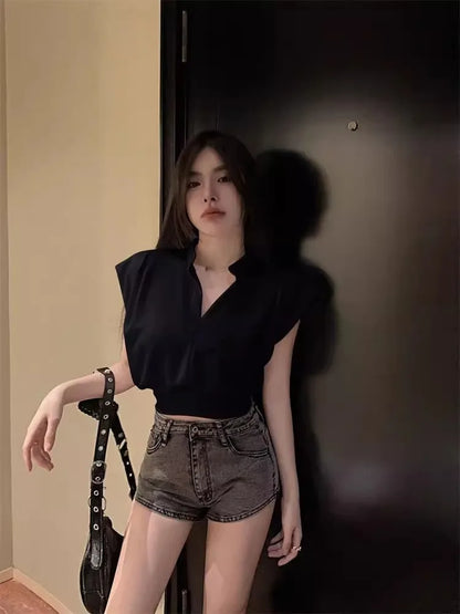 White V-Ne Slim Fit ort Sve T-irt Women's Summer New Sle Small Size Loose Faion Top Korean Sle Commute Wind