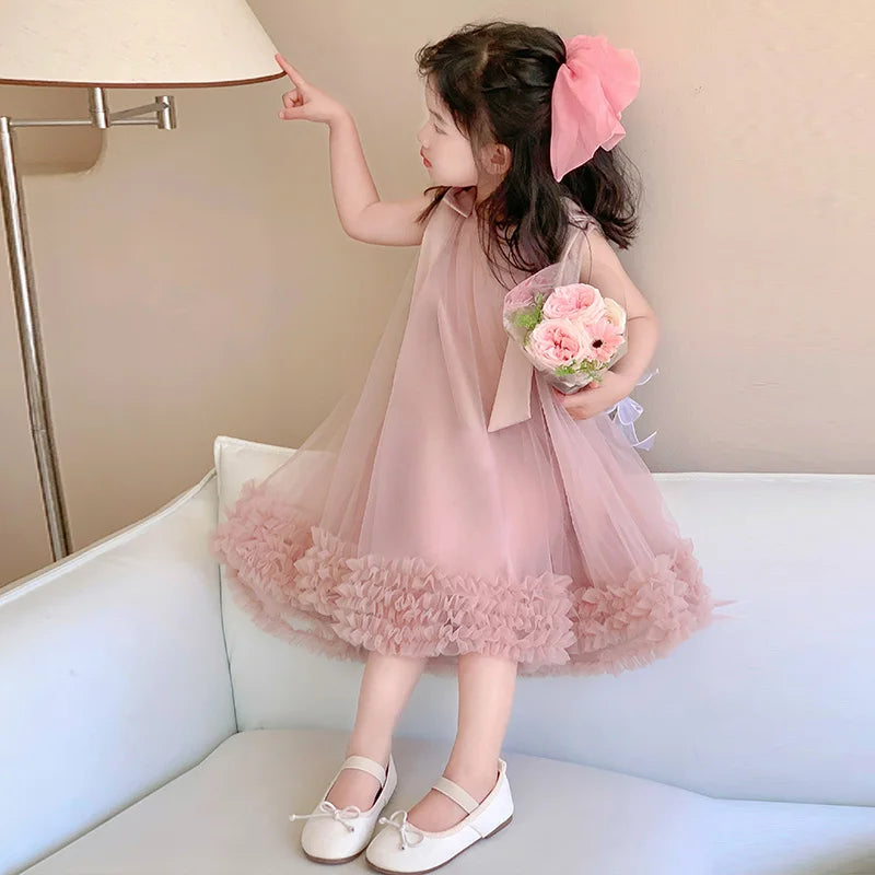 Korean Girls Party Dresses Edition Girls Sleeveless Bow Solid Color Sweet and Gentle Princess Dress Childrens New  Trend