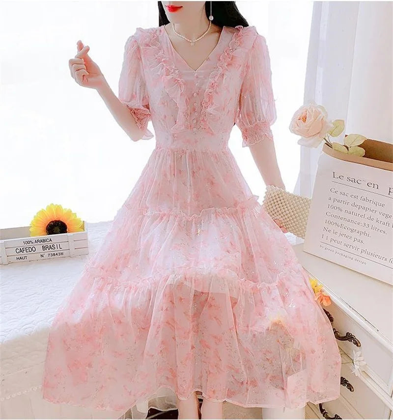 Boho Dress Women Floral Print Wrap Long Holiday Dress Ruffles Female Casual V-Neck Beach A Line Beach Dress Party Vestidos