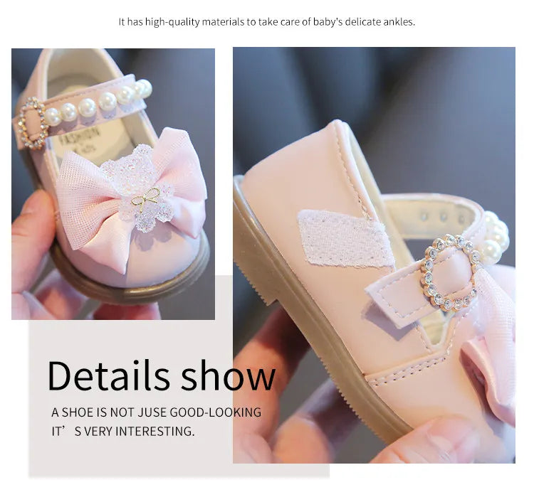 Baby Girls Walking Shoes with Big Bow Bear Children Princess Shoes Soft Sole Round Toe 2026 New Fashion Kids Flat Shoes Non-slip