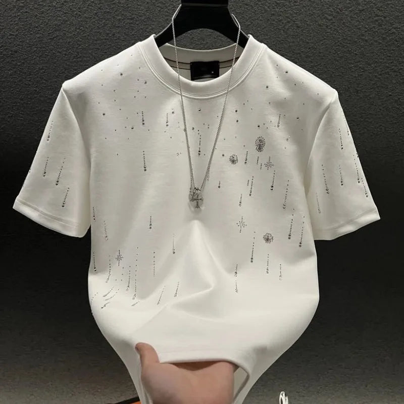 Spring New Heavy Work Light Luxury Custom Short Sleeve T-shirt Top Meteor Full Diamond T-shirt Round Neck Short Sleeve
