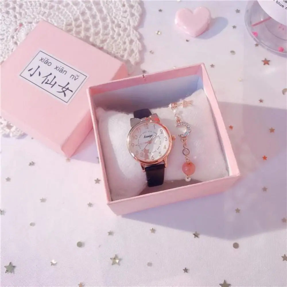 High Quality Quartz Clock Watch Bracelet Set Leather Watchband Casual Quartz Watch Cute Cat Ear Bracelet