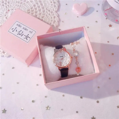 High Quality Quartz Clock Watch Bracelet Set Leather Watchband Casual Quartz Watch Cute Cat Ear Bracelet