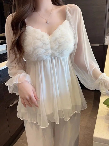New Hot Luxury Elegant Long Sleeve Pajamas Set With Padded Bra Mesh Plus Size Women For Home Spring Autumn Summer Loungewear
