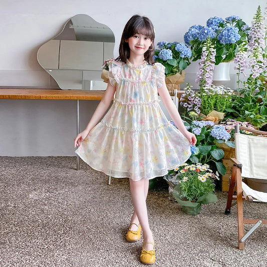 Summer girl's dress new style children's Western style floral chiffon princess dress printed baby's park play skirt