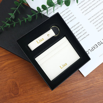 Customized name 1 set of pure color PU leather universal ultra-thin credit card wallet and PU leather keychain gift box set