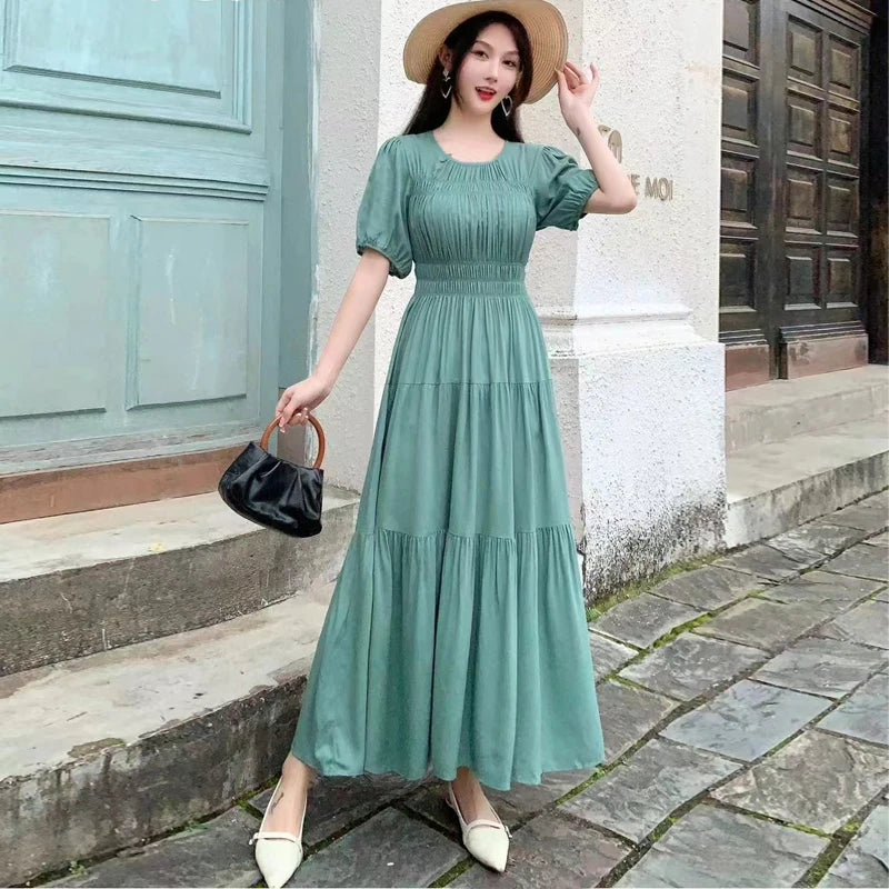 Summer New Cotton Silk Dr Casual High Waist Floral Print Beachwear Outerwear Slimming Waist Long Skirt A-Line Gown
