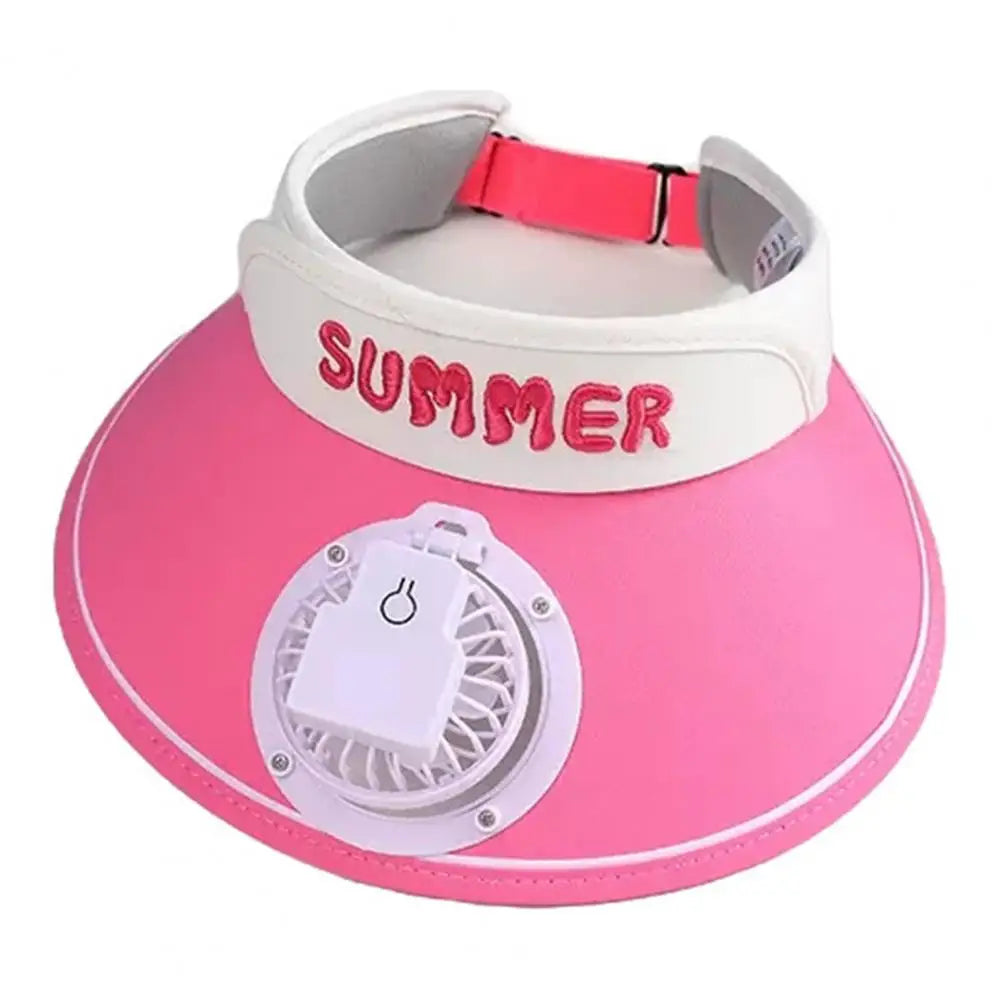 Summer Children Sun Hat with Mini Cooling Fan Empty Top Wide Brim Visor Hat Hiking Travel Sunscreen Hat Girls Boys Outdoor Sun P