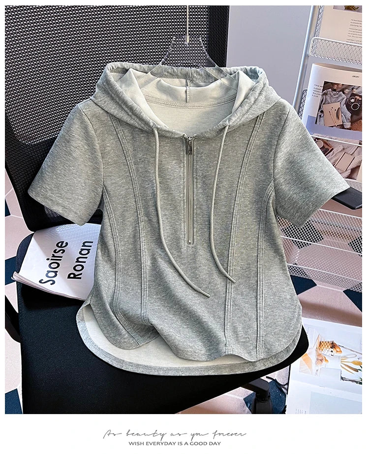 Summer New Women's Zipper Hoodie ort Sve T-irt Pure Cotton Slim Fit ort Fibone Top Korean Sle Commute Faion