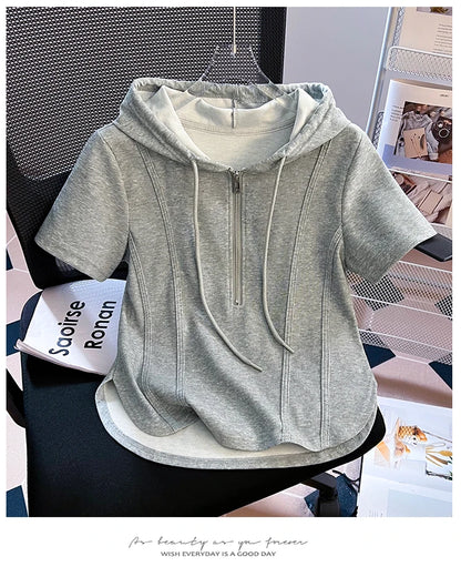 Summer New Women's Zipper Hoodie ort Sve T-irt Pure Cotton Slim Fit ort Fibone Top Korean Sle Commute Faion