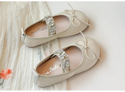 Girls' Rhinestone Princess Shoes Simple Versatile Kids Bow Leather Shoe Comfort Non Slip Girls Flat Casual Shoes