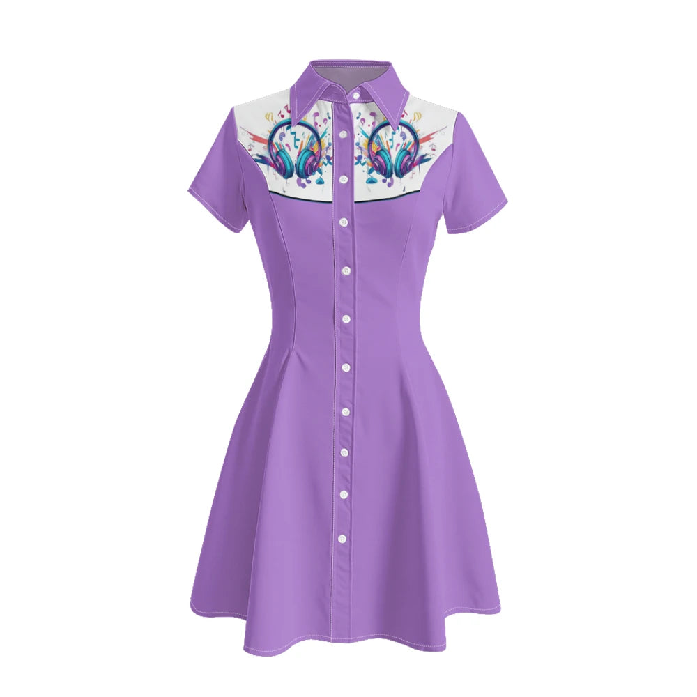 Women's Western Shirt Dress with Music Notes and Dolphin Print Cowboy Collar Button Up Pure Cotton Midi Dress Casual Boho Style