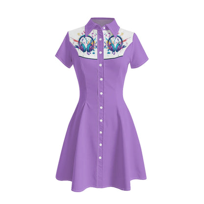 Women's Western Shirt Dress with Music Notes and Dolphin Print Cowboy Collar Button Up Pure Cotton Midi Dress Casual Boho Style