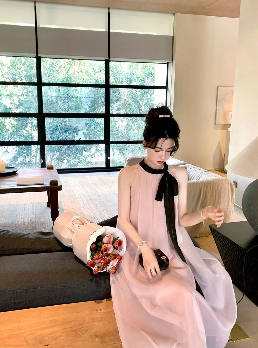 Women's Pink Halter Neck Maxi Dress With Black Bow Detail Sheer Chiffon Flowy Resort Party Dress
