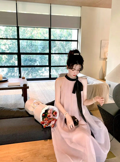 Women's Pink Halter Neck Maxi Dress With Black Bow Detail Sheer Chiffon Flowy Resort Party Dress