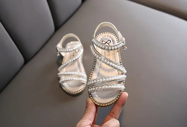 Summer Children's Sandals Korean Style Open-toe Kids Girls Causal Rhinestone Pearl Flats Sandals Fashion Princess Dress Shoes