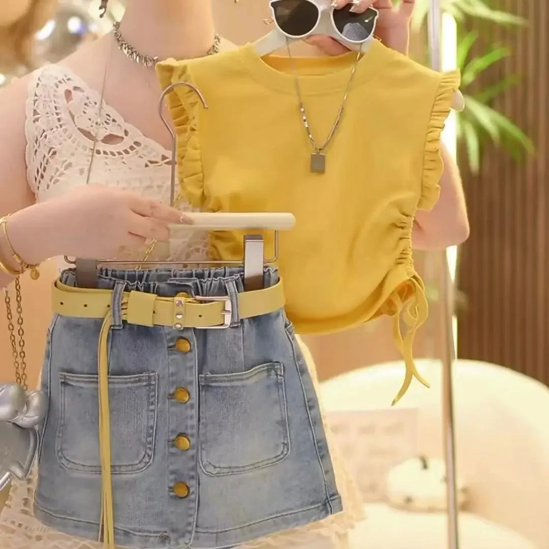 Girls' Summer Set 2026 New Children's Summer Sleeveless Yellow T-shirt+Cowboy Skirts Two-piece Set Without Belt
