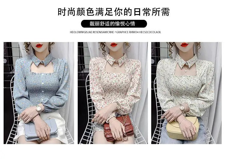 2025 Floral Chiffon Shirt New Spring Summer Women Collect Waist Hollow Out Tops Vintage Blouse Women Longsleeve Short Shirt 3XL