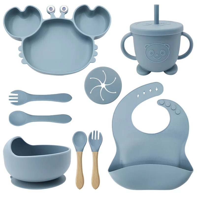 Baby Feeding Set 9PCS Silicone Crab Bowl Plate Spoon Fork Toddler Tableware Kids Dish Infant Utensils
