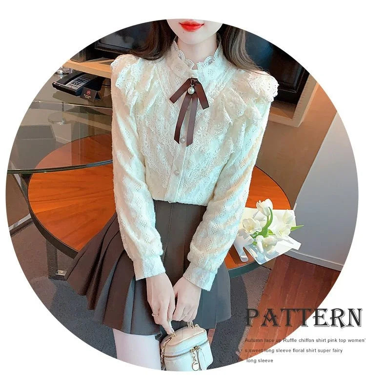 Women's Fce Lined Lace Blouse Thiened Autumn Winter Faion Inner Wear  Knot irt Stand Collar Regular Fit