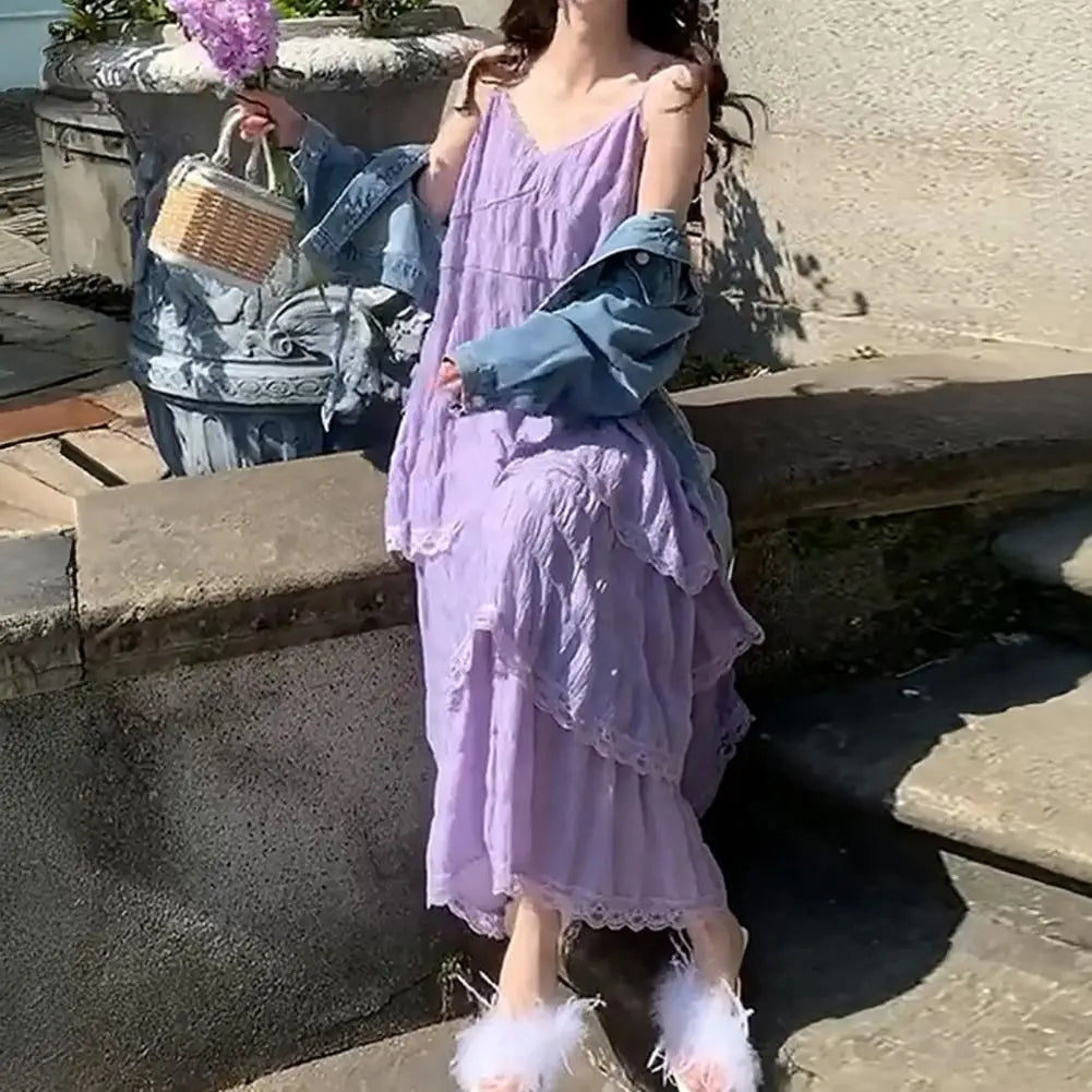 Women Dress Elegant V-neck Lace Maxi Dress for Women Solid Color Sling Dress with Multi Layer Design Stylish Loose Cut Evening