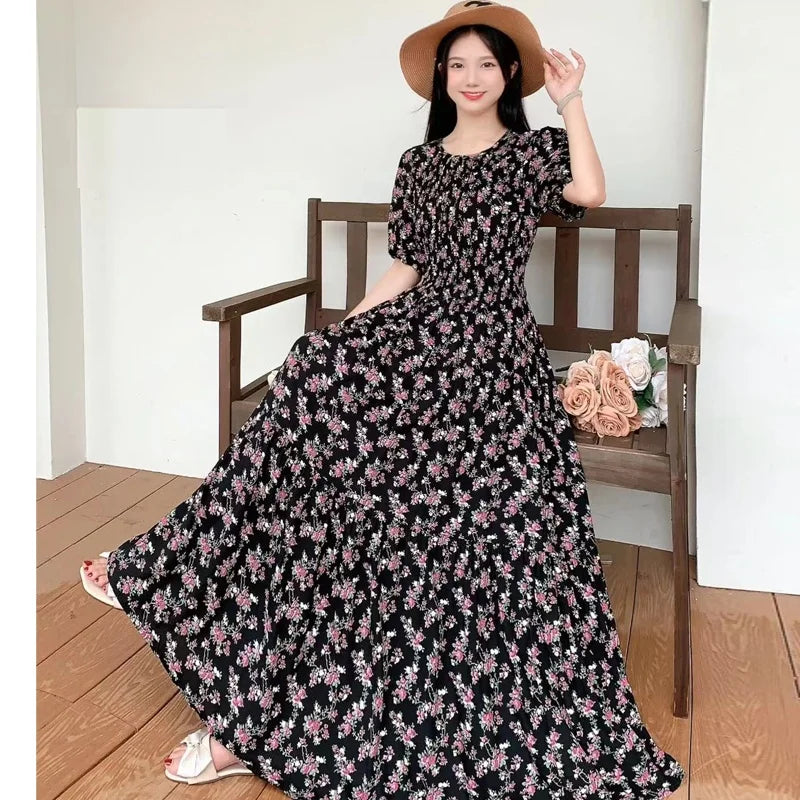 Summer New Cotton Silk Dr Casual High Waist Floral Print Beachwear Outerwear Slimming Waist Long Skirt A-Line Gown