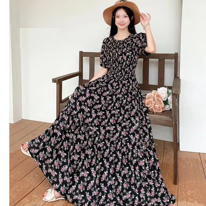Summer New Cotton Silk Dr Casual High Waist Floral Print Beachwear Outerwear Slimming Waist Long Skirt A-Line Gown