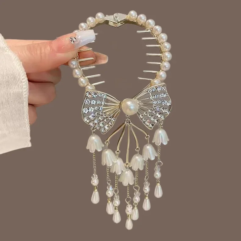 Ladies Butterfly Rhinestone Pearl Metal Hair Claw Round Bun Ponytail Holder (Available)