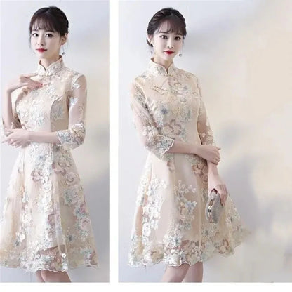 Spring Autumn Female Cheongsam Style Long Dresses Women Half Sleeve Lmproved Maxi Dress 2025 Ladies Fashion Solid Color Vestidos