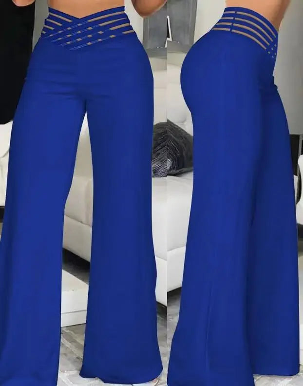 Women Wide Leg Flared Pants  Spring Casual Crisscross Sheer Mesh Patch High Waist Trousers Y2k Streetwear Elegant Work Pant (Available)