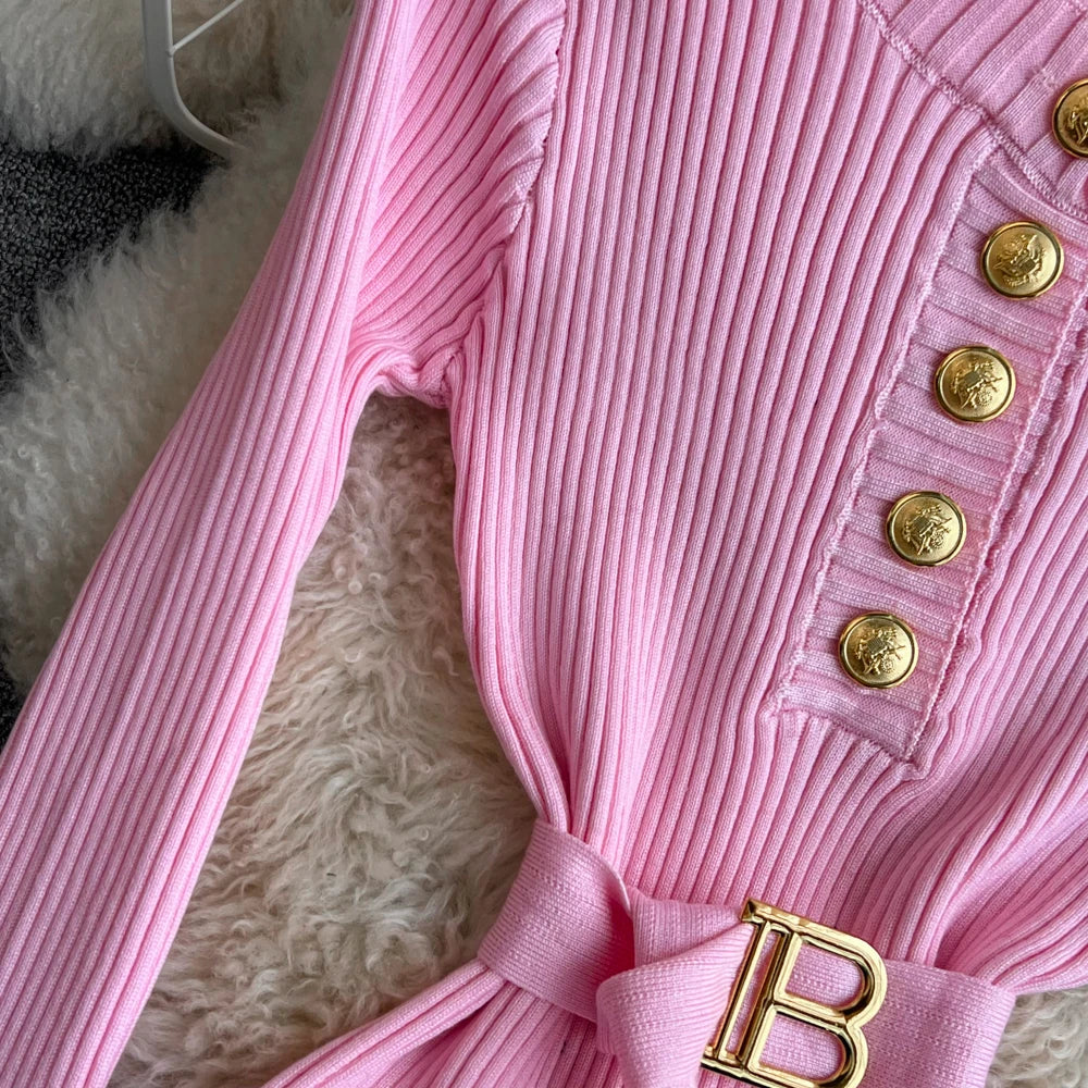 Women Dress 2025 Autumn Winter Elegant Rib Knit Long Pencil Dress with Belt Office Lady Bodycon Sweater Dress Vestidos