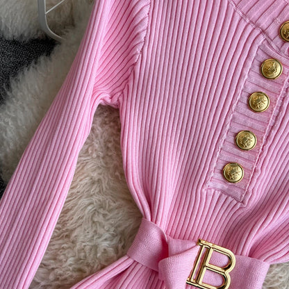 Women Dress 2025 Autumn Winter Elegant Rib Knit Long Pencil Dress with Belt Office Lady Bodycon Sweater Dress Vestidos