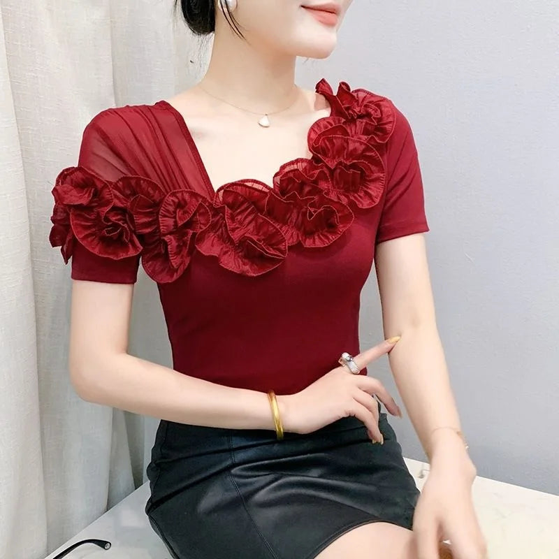 Faionable Floral Lace Ear ort Sve Slimming Me oulder Bared T-Shirt Women's Casual Sle Polyester Fabric Tee irt