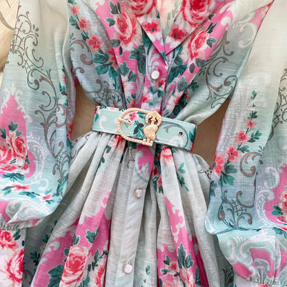 France Elegant Vintage Palace Evening Dress Women Sashes Button Print Short Party Dress Female Casual Chic Festival Clothing New