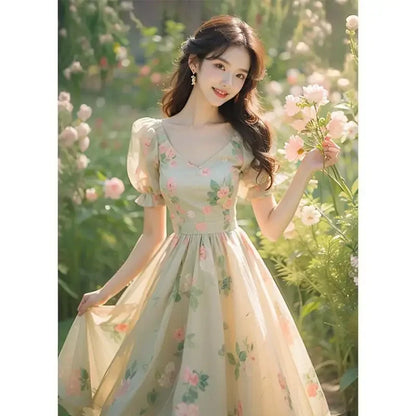 Beautiful Temperament Super Good-looking High-end Exquisite Waist-hugging Floral Puff Sleeve Dress for Women